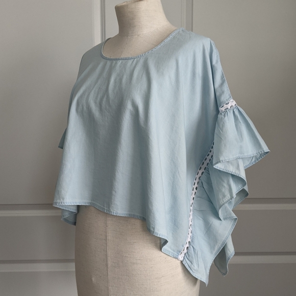 BCBGeneration Top Cropped Ruffled Short Sleeve White Eyelet Chambray Blue L NWT - Picture 4 of 16